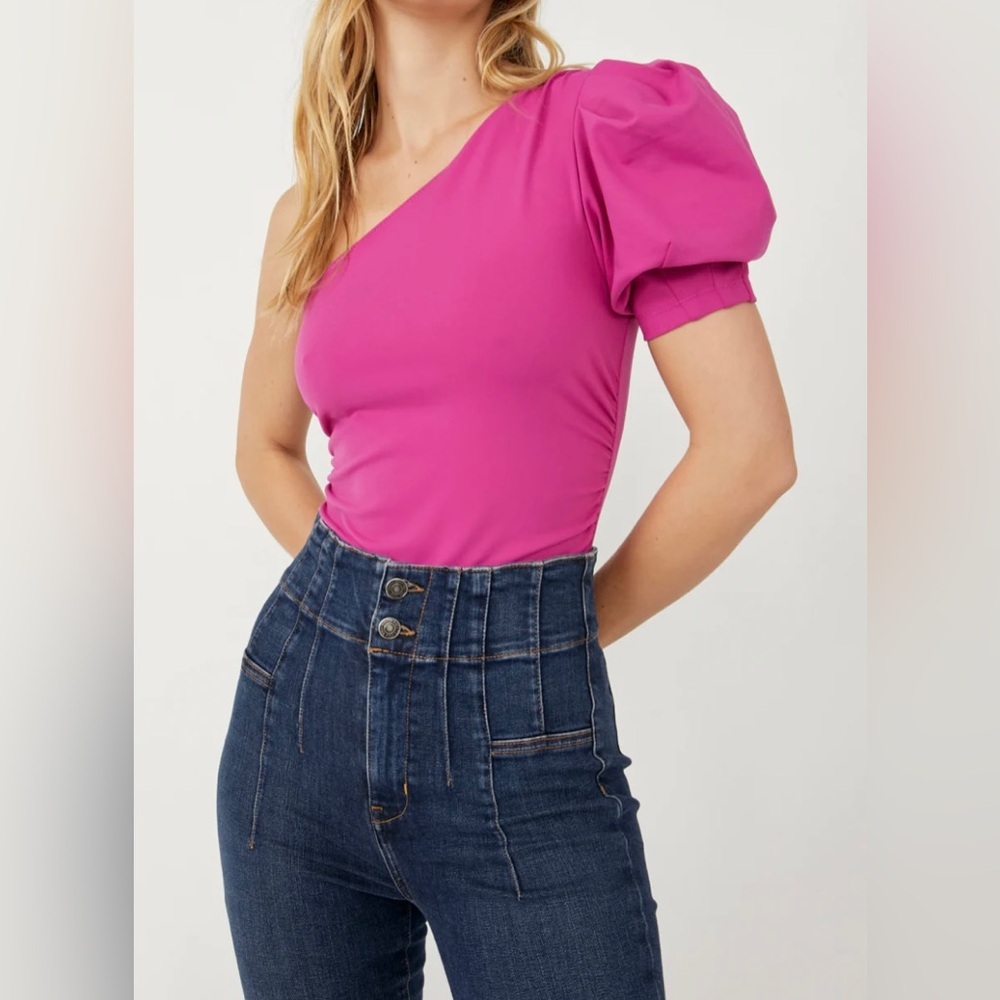 Free People One-Shoulder Puff Sleeve Bodysuit in Bright Pink